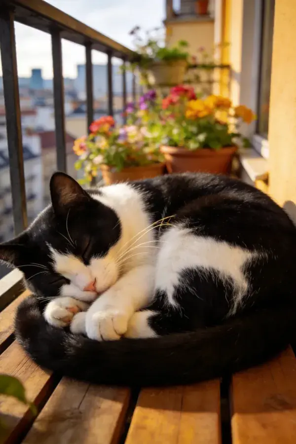短毛家猫在阳台木质平台上睡眠