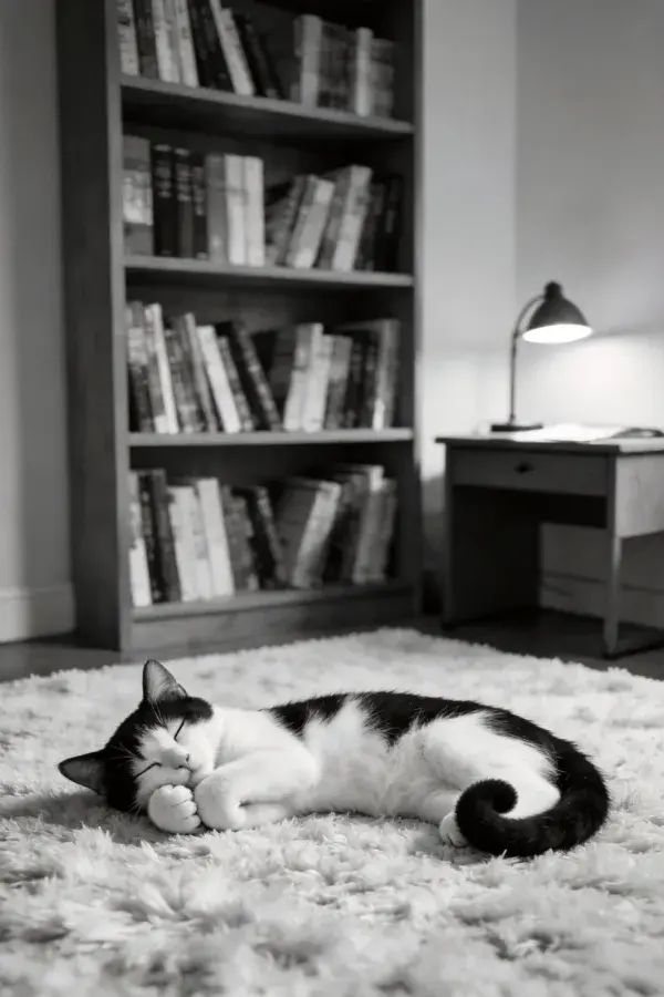 短毛家猫在书房地毯上休息