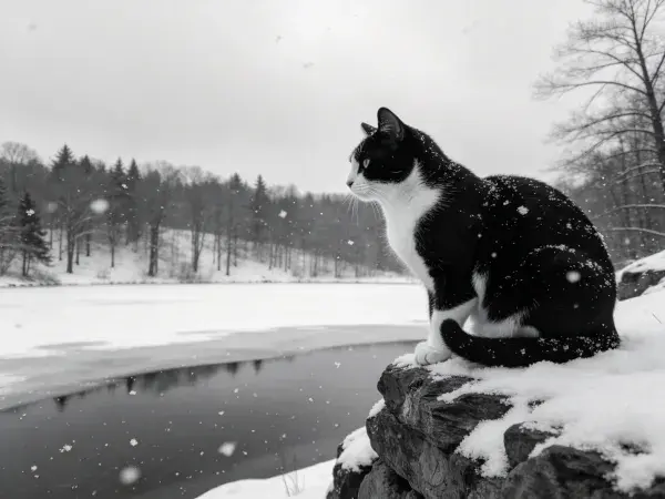 露天雪景中黑白短毛家猫观察景象