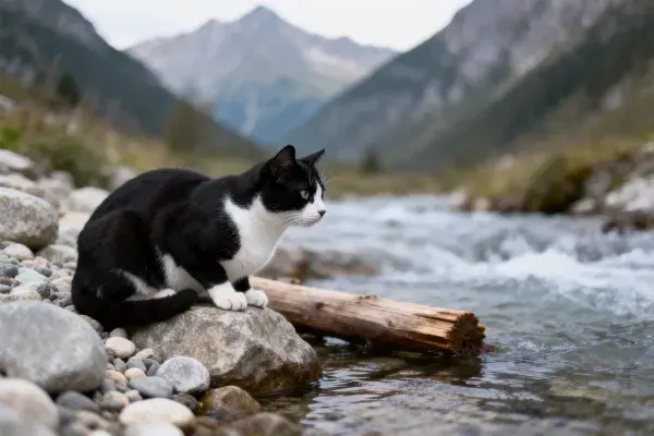 山间溪畔的黑白短毛家猫场景