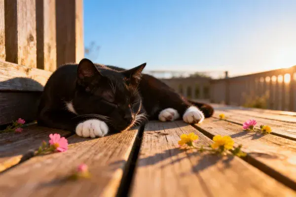 黑白短毛家猫在木质平台上的休憩场景