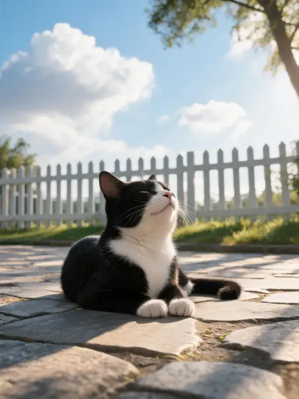 户外石板路旁黑白短毛家猫图景