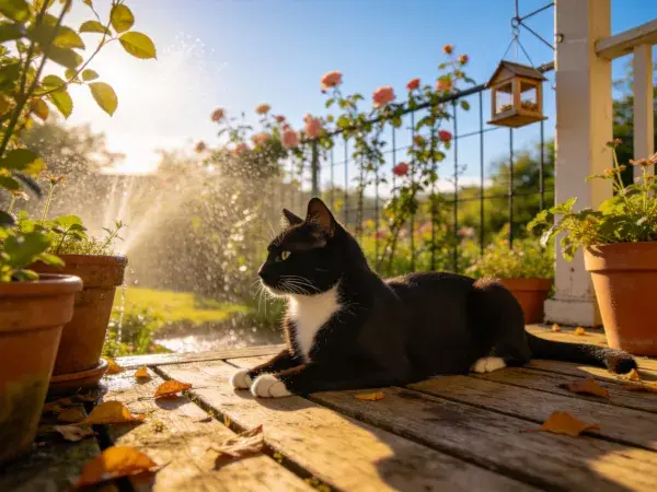 阳光下木平台上的黑白花色短毛家猫