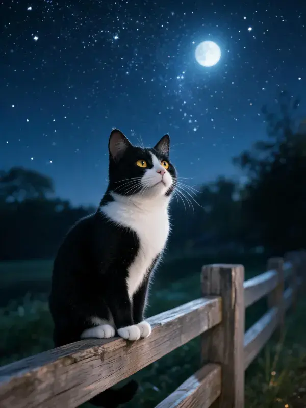 黑白短毛家猫于木栅栏处仰望星空