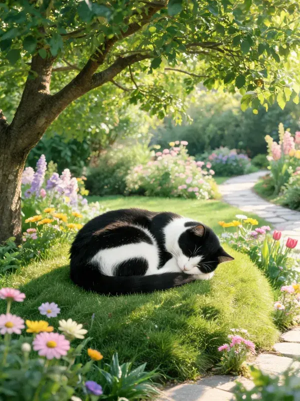 短毛家猫在花园草坪的休憩状态
