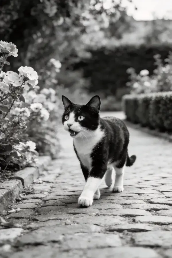 花园小径上的黑白短毛家猫