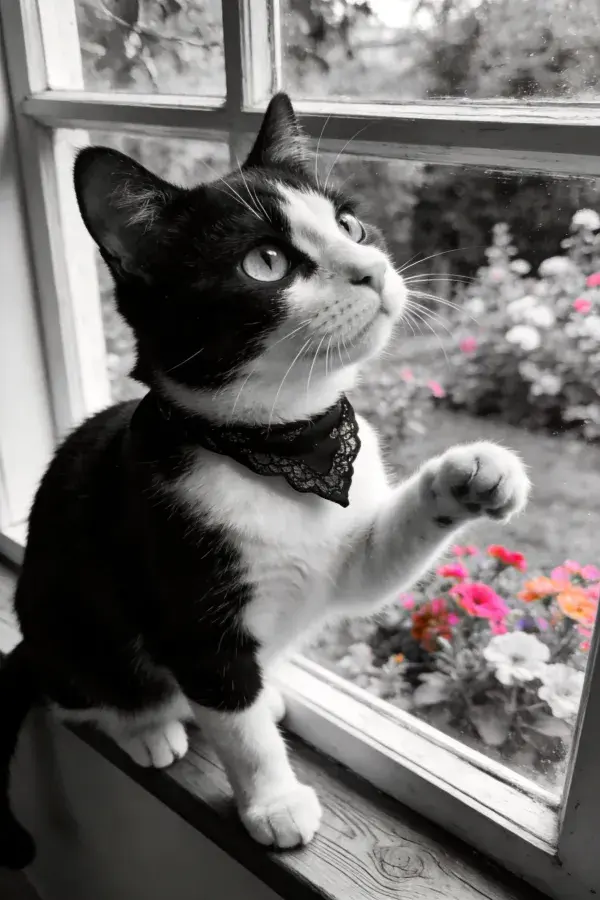 露窗眺望的黑白短毛家猫