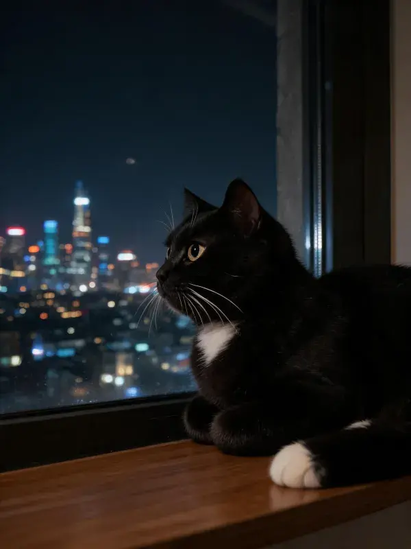 短毛家猫凝视城市夜景