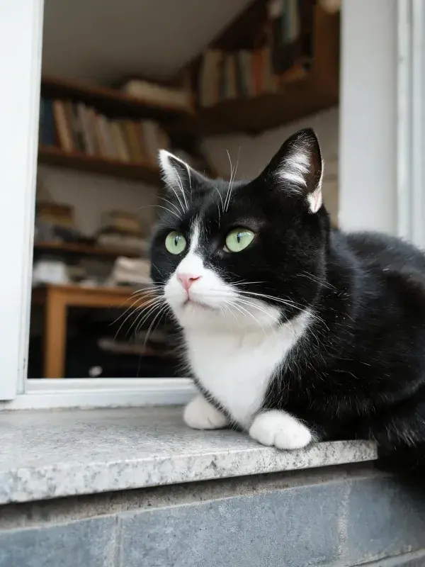 窗边书架前的黑白短毛家猫