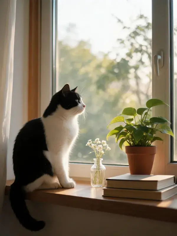黑白短毛家猫在窗台上凝视风景