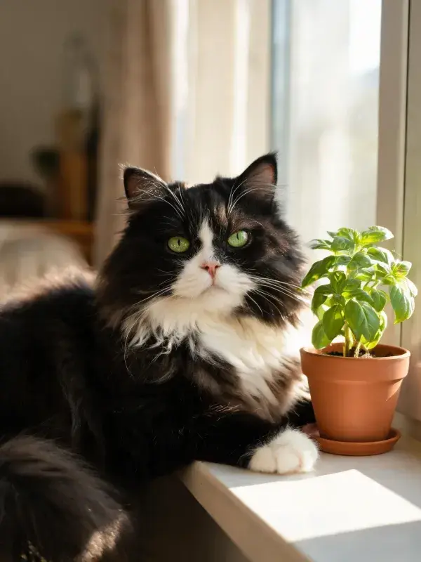 窗台上的三色长毛猫与盆栽