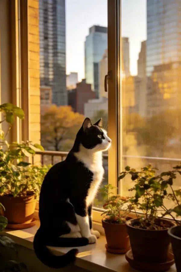 黑白短毛家猫眺望窗外