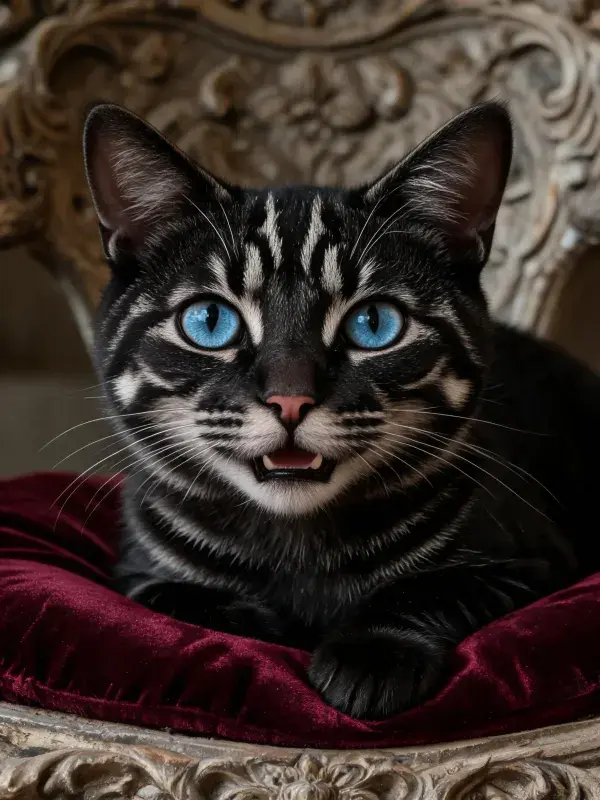 雕刻花纹座椅上蓝眼睛玳瑁斑纹猫的特写