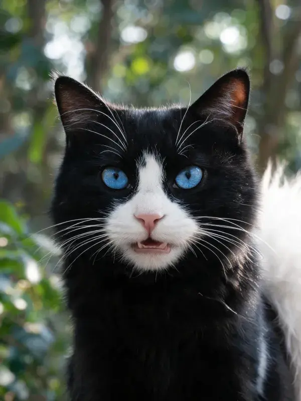 树林间的黑白花短毛家猫