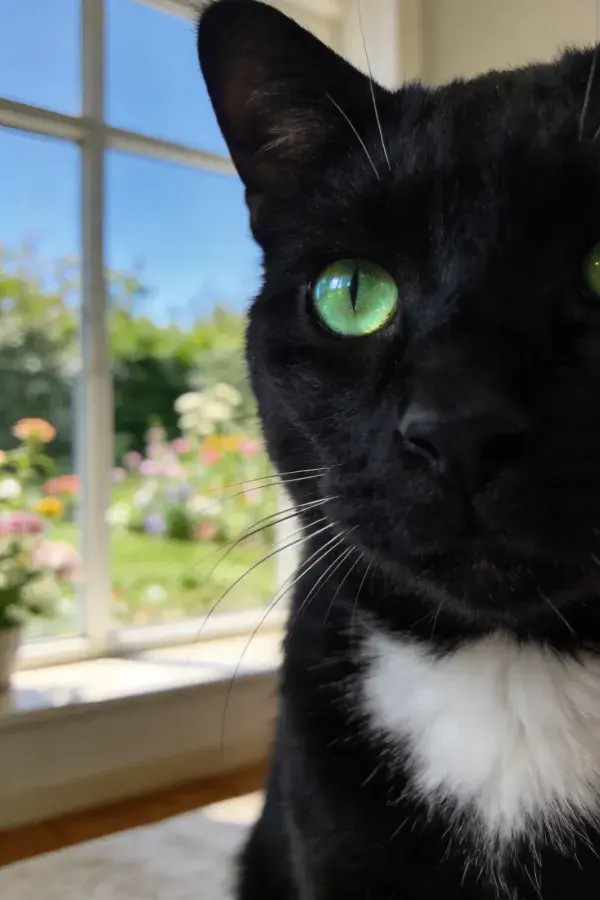 窗边黑白短毛家猫近景特