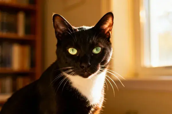 黑白短毛家猫于窗边凝视