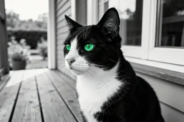 木屋门廊上的黑白短毛家猫
