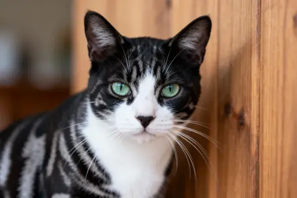 短毛虎斑猫靠在木栅栏旁