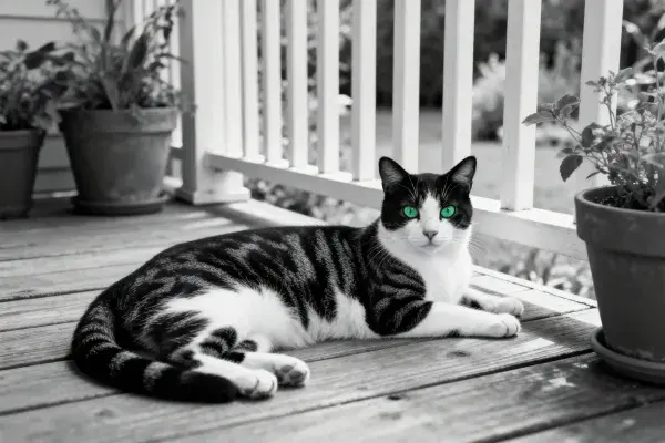 阳台上的黑白虎斑短毛家猫特写