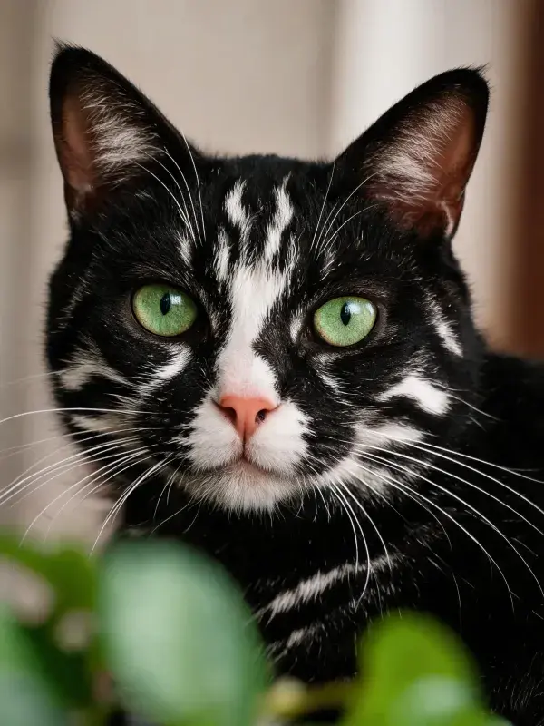 黑白短毛家猫注视前景绿植