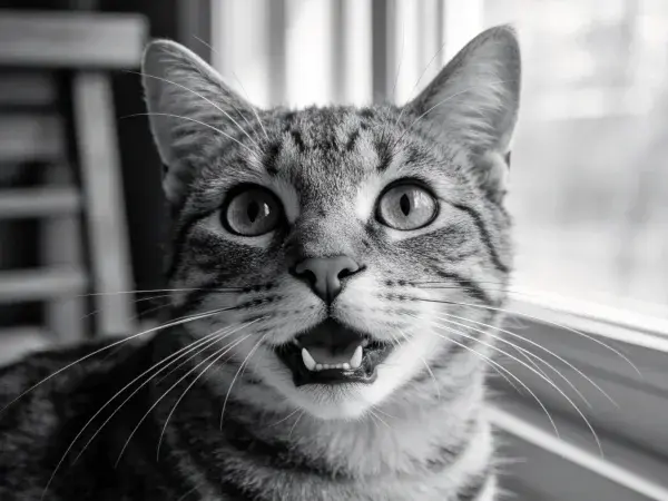 短毛虎斑猫张嘴注视瞬间
