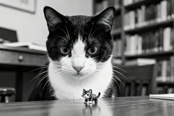 书房中黑白短毛家猫注视玩具猫场景