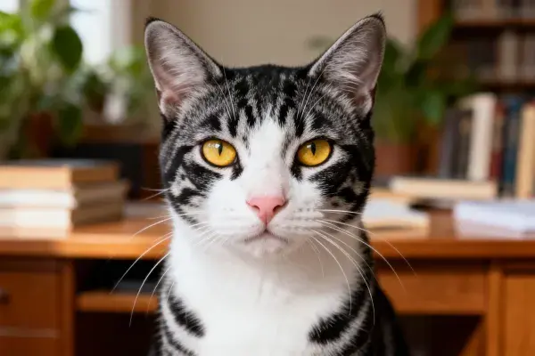 室内暖光下黑白短毛家猫特写