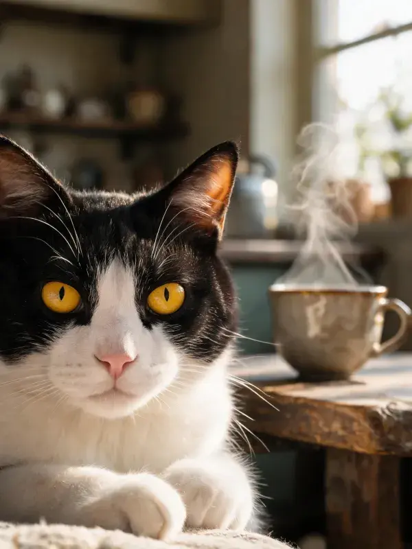 室内暖光下的黑白短毛家猫与茶杯场景