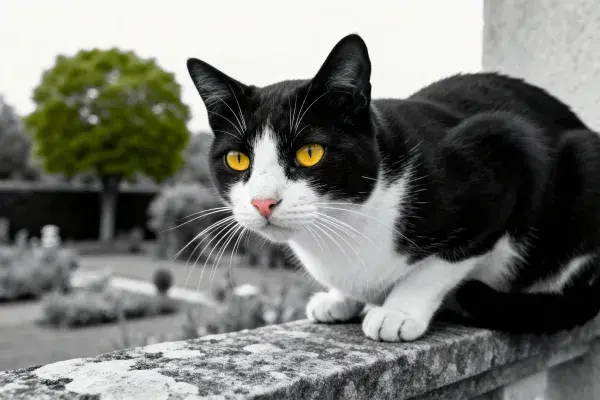 短毛家猫在园艺围栏上凝视