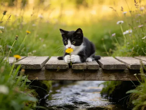 木桥上黑白短毛家猫捧黄花
