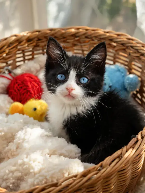 黑白短毛家猫在藤编篮筐内的状态