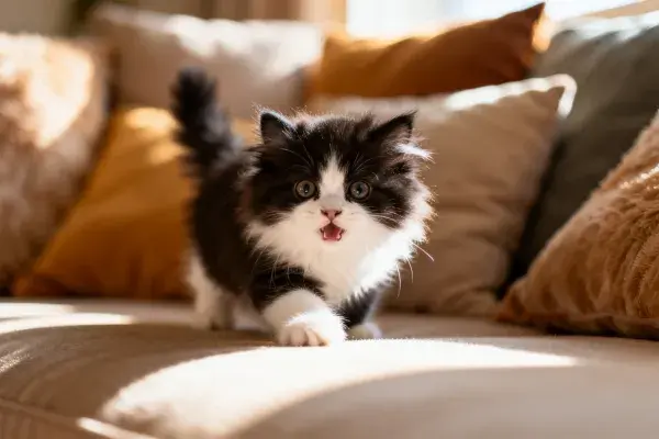黑白长毛家猫 于客厅沙发的瞬间