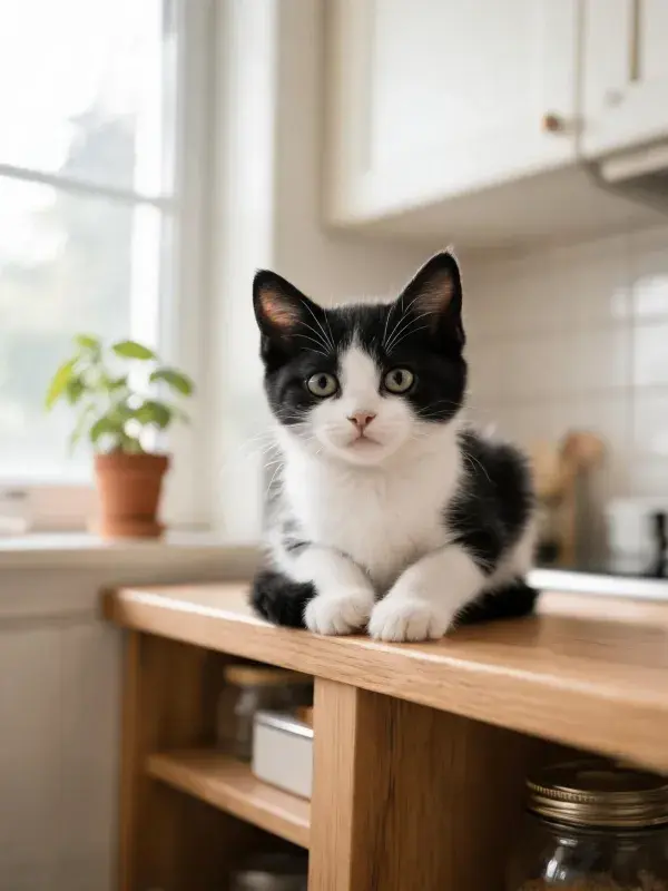 厨房台面上的黑白短毛家猫