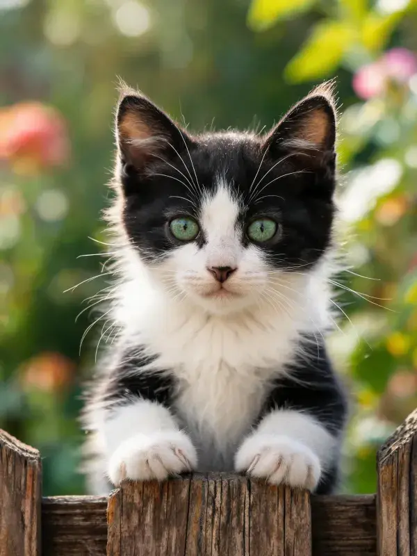 户外绿篱间的黑白短毛家猫