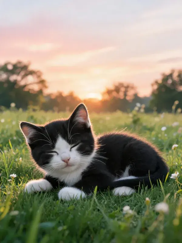 夕阳下草地里的黑白短毛家猫