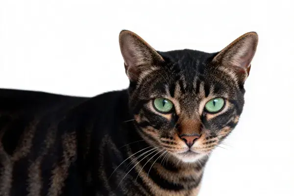 白色背景下专注凝视的短毛虎斑猫