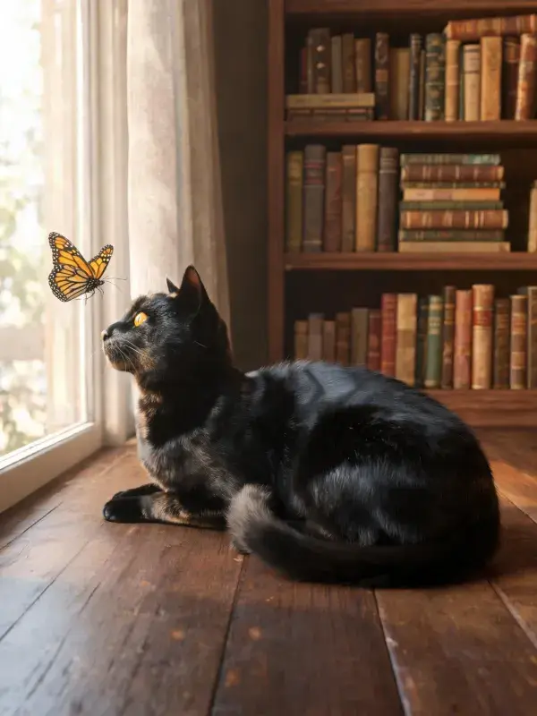 窗边玳瑁猫注视蝴蝶的场景