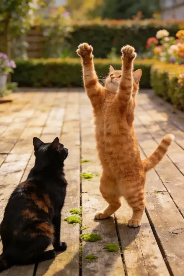 橘猫跃起与玳瑁猫对视
