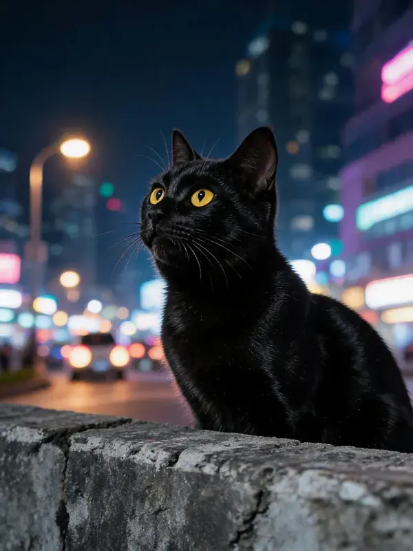 青石矮墙旁观察城市夜景的黑猫