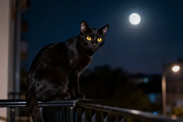 露天环境下短毛黑猫的夜间观察场景