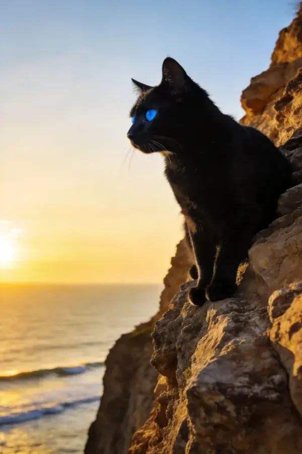 黑猫岩石峭壁日落特写
