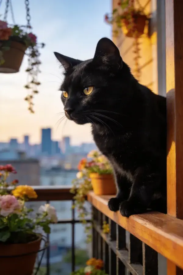 阳光下短毛家猫倚靠阳台栏杆眺望