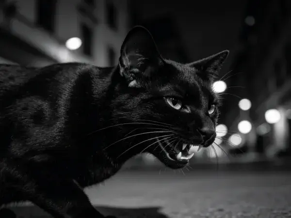 夜间街道特写短毛黑猫
