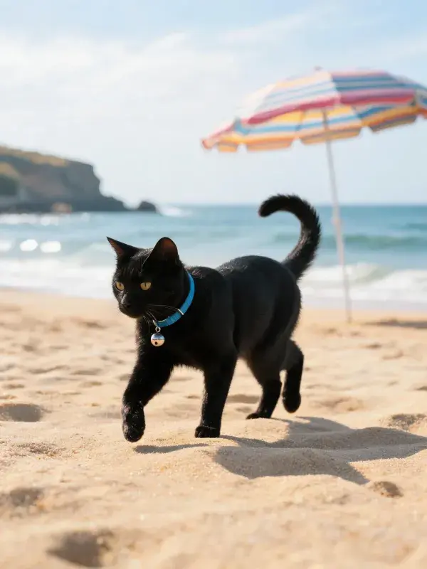 沙滩上的短毛家猫漫步场景