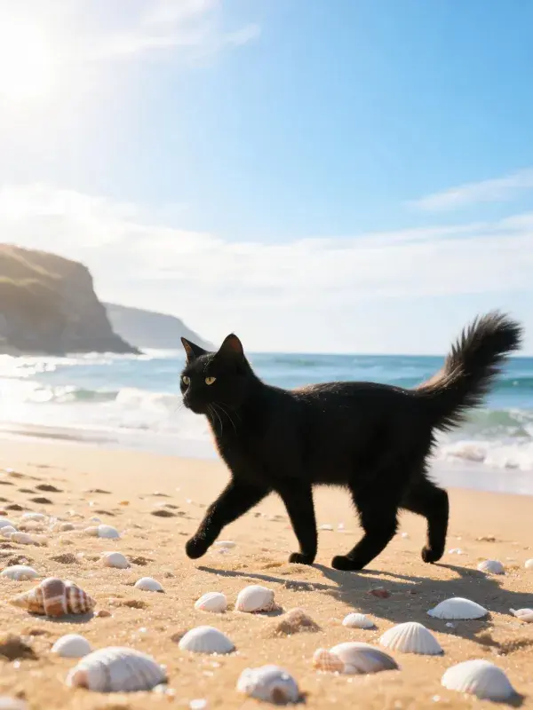 海滩沙地上行走的短毛黑猫