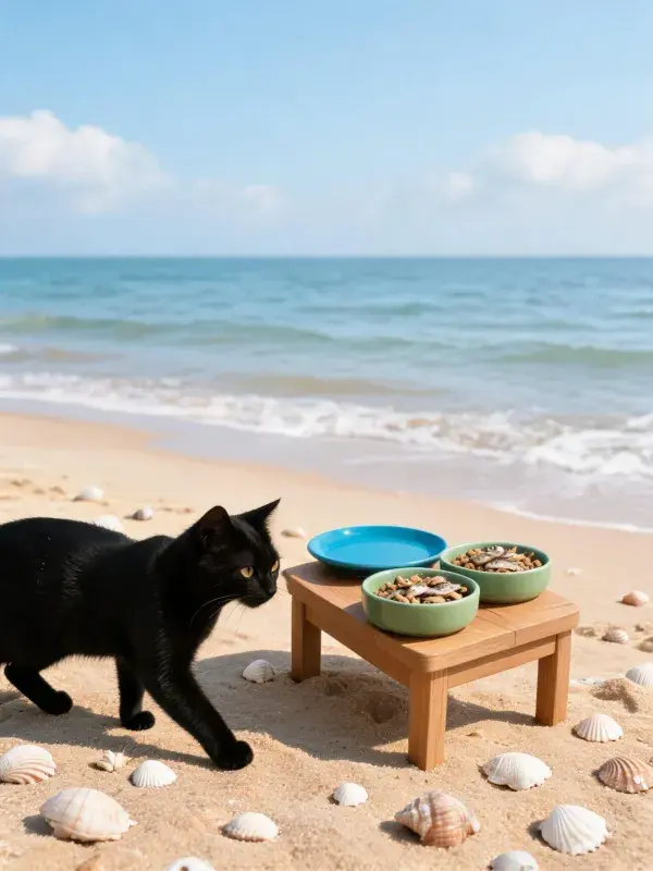 沙滩上的短毛家猫与木质食盆场景