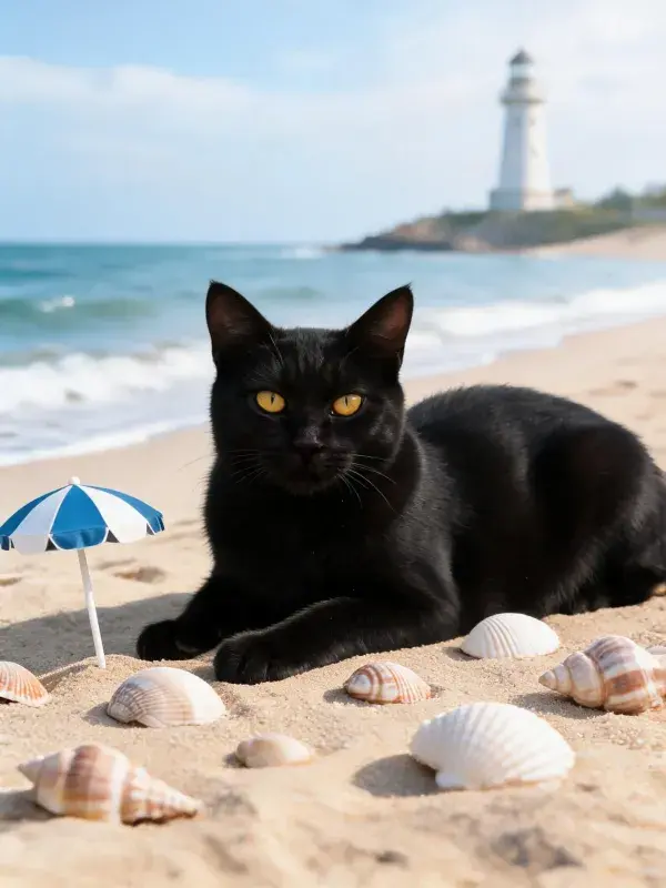 沙滩上短毛家猫与贝壳小伞场景