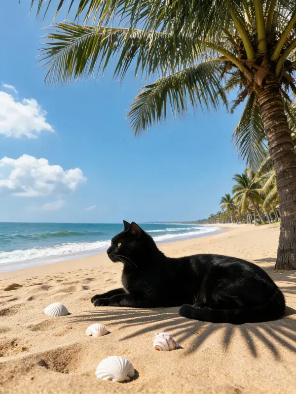 沙滩上短毛家猫静卧场景