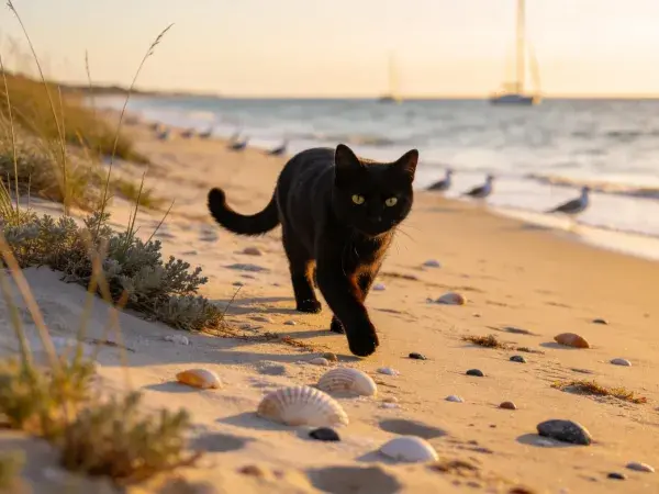 沙滩上短毛家猫行走场景