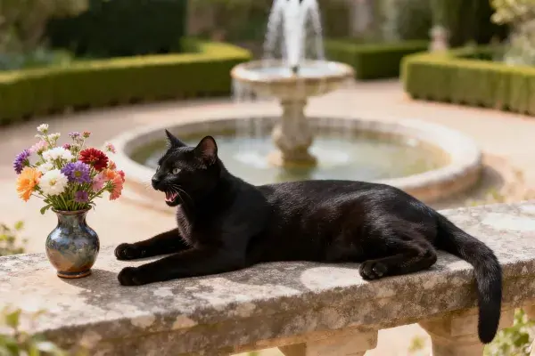 花园石台上短毛家猫与花瓶